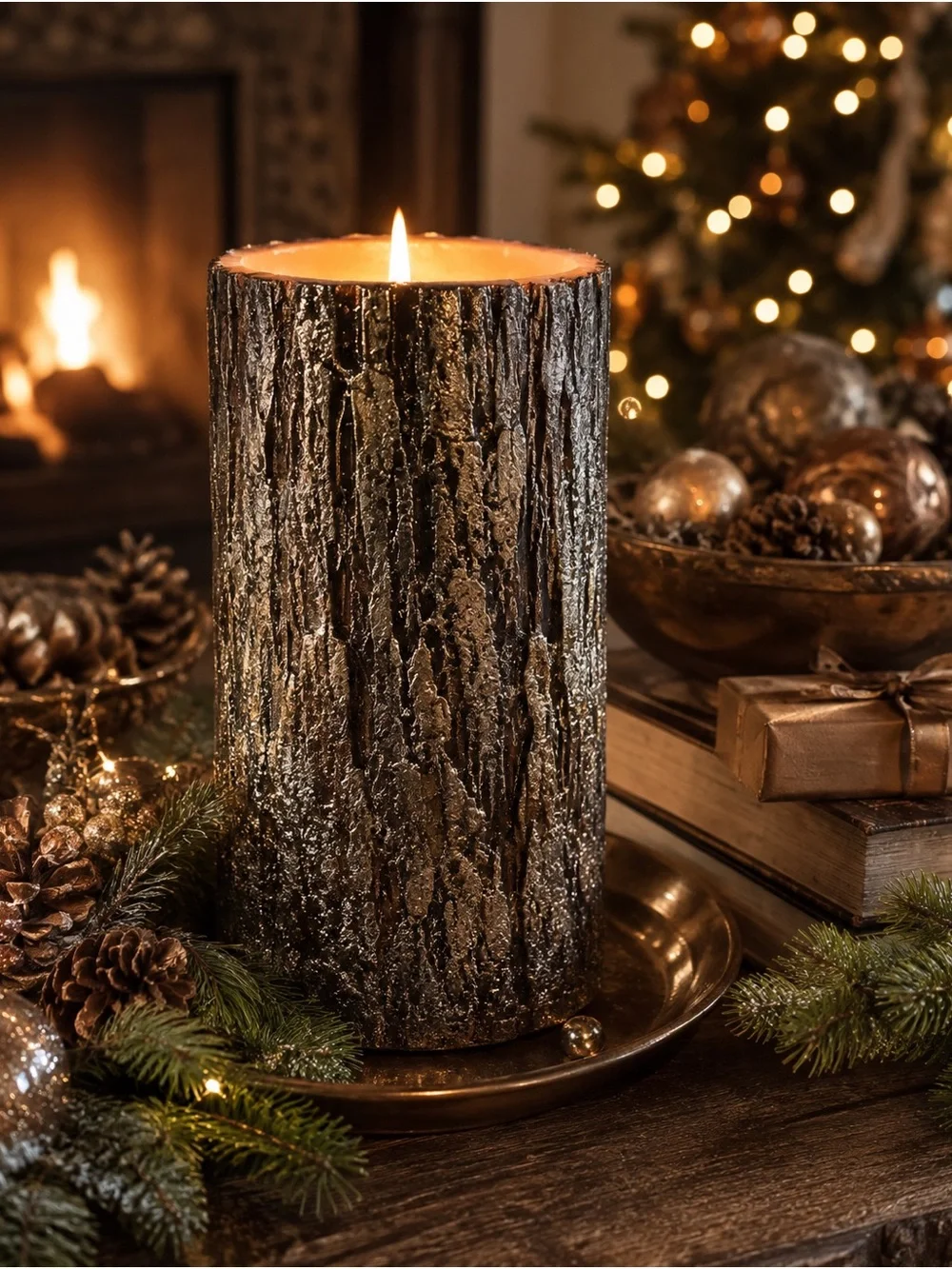 Pottery Barn Metallic Bark-Textured Pillar Candle in Dark Brown and Gold Accents